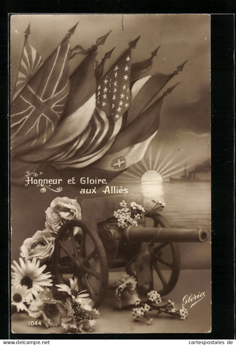 CPA Honneur Et Gloire Aux Allies, Flaggen Et Kanone Avec Des Fleurs  - Sonstige & Ohne Zuordnung