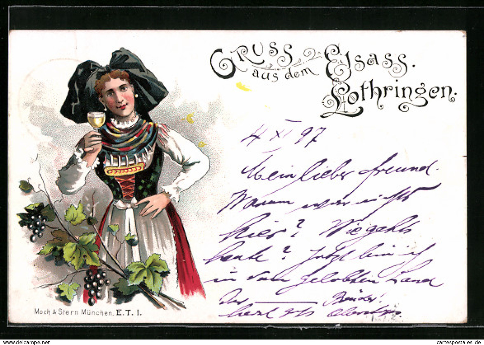 Lithographie Frau In Elsässer Tracht Mit Weinglas  - Costumes