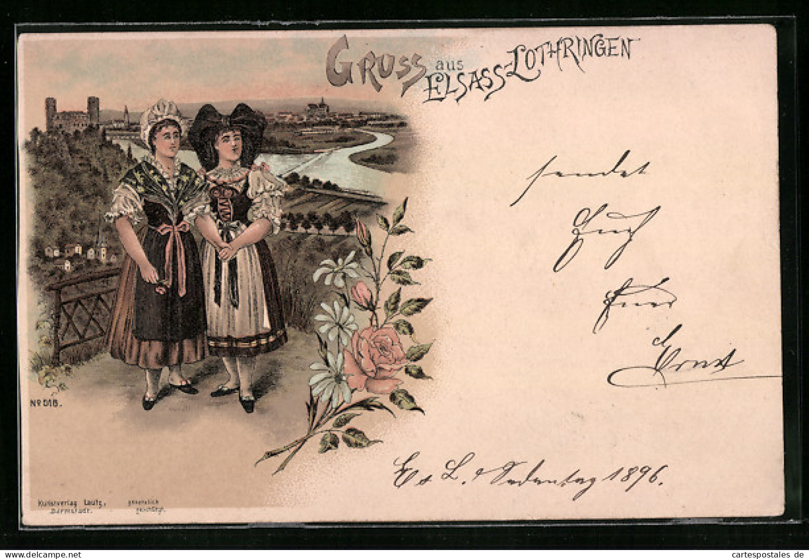 Lithographie Zwei Mädchen In Ihren Trachten Aus Dem Elsass Und Aus Lothringen  - Trachten