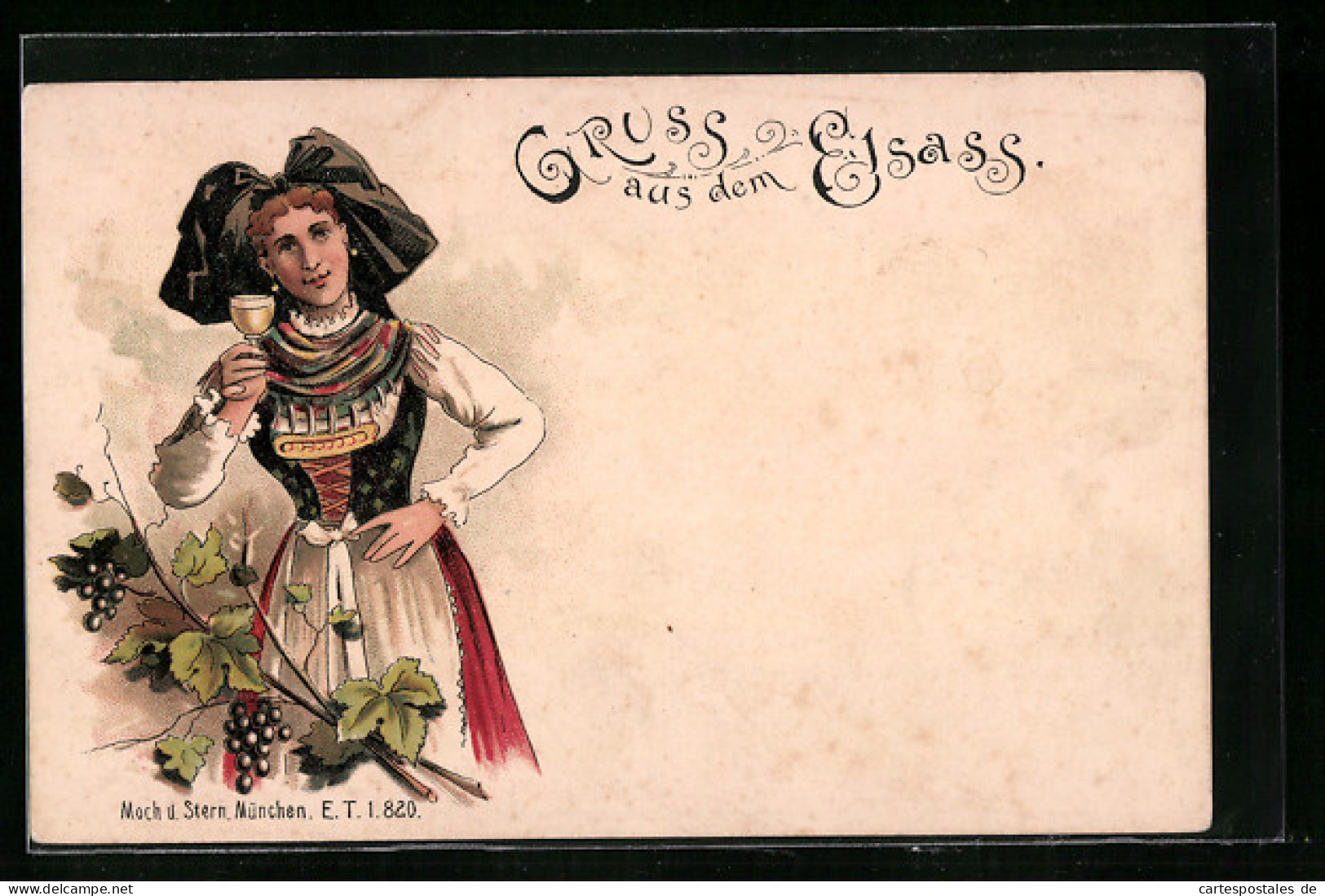 Lithographie Mädchen In Elsässer Tracht Beim Wein Trinken  - Costumes