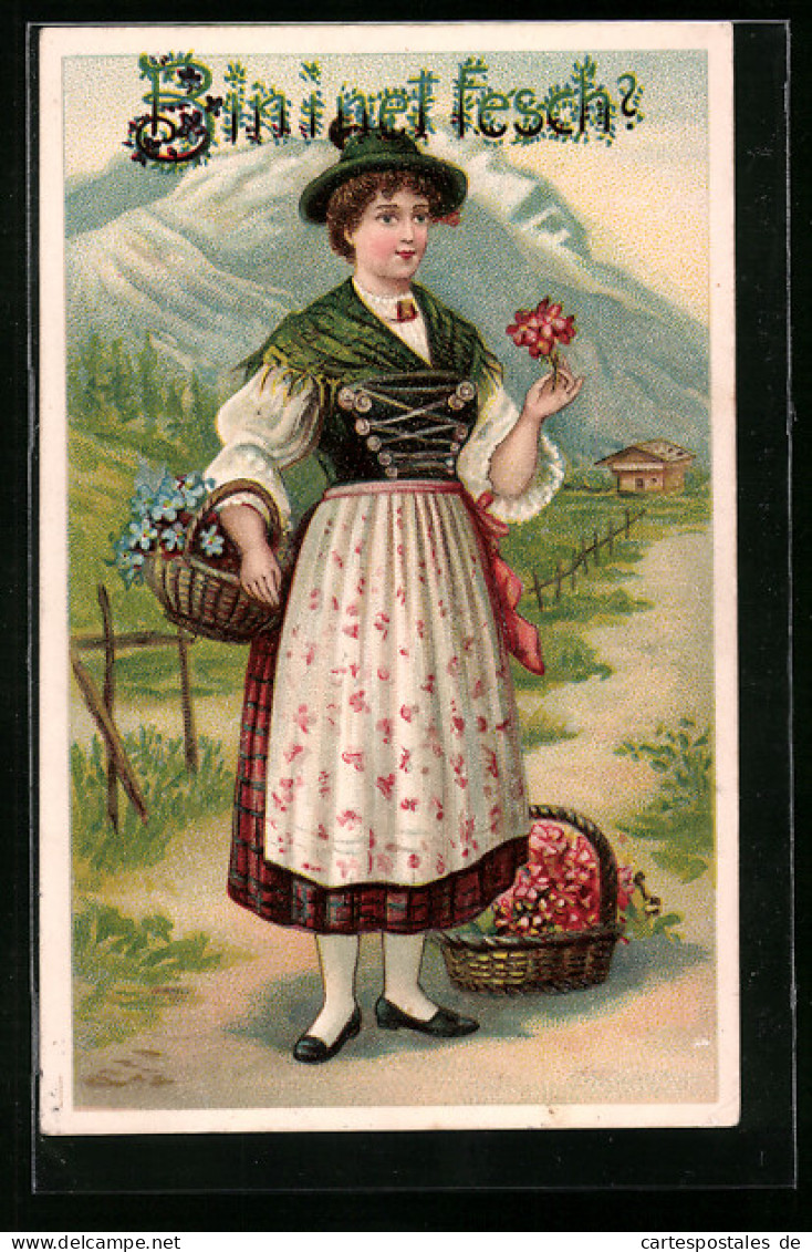 Präge-AK Mädchen In Bayerischer Tracht Mit Blumenkorb  - Costumes