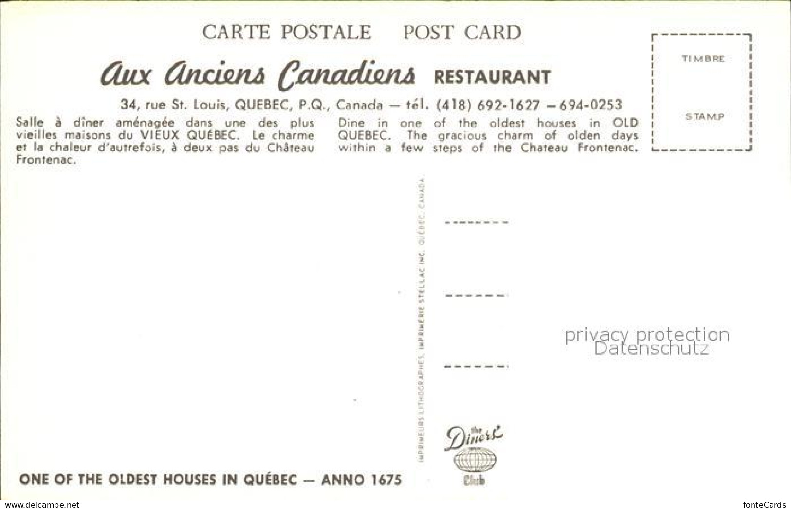 72167251 Quebec Aux Anciens Canadiens Restaurant Quebec - Zonder Classificatie
