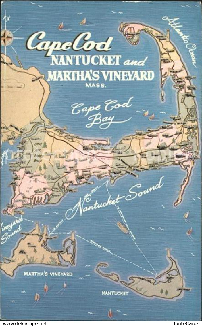 72161931 Cape Cod Mass. Bay Nantucket And Marthas Vineyard Map Cape Cod Mass. - Autres & Non Classés