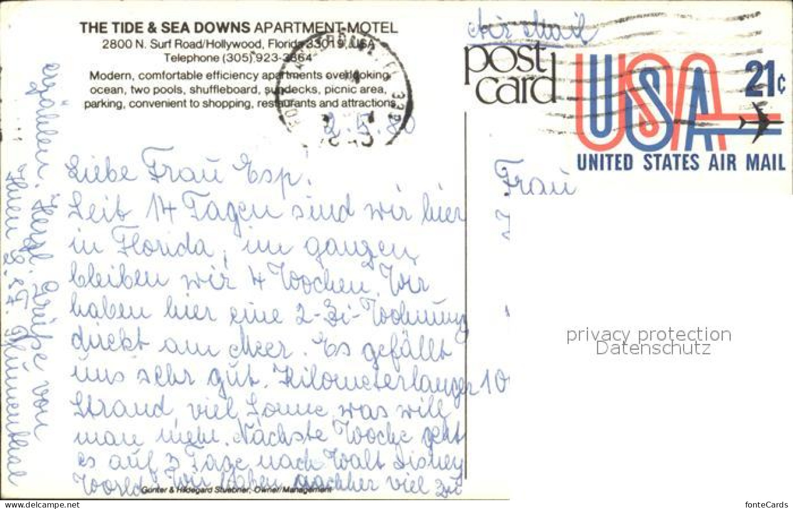 72161922 Hollywood_Florida Tide And Sea Downs Apartment Motel Beach Atlantic Oce - Sonstige & Ohne Zuordnung
