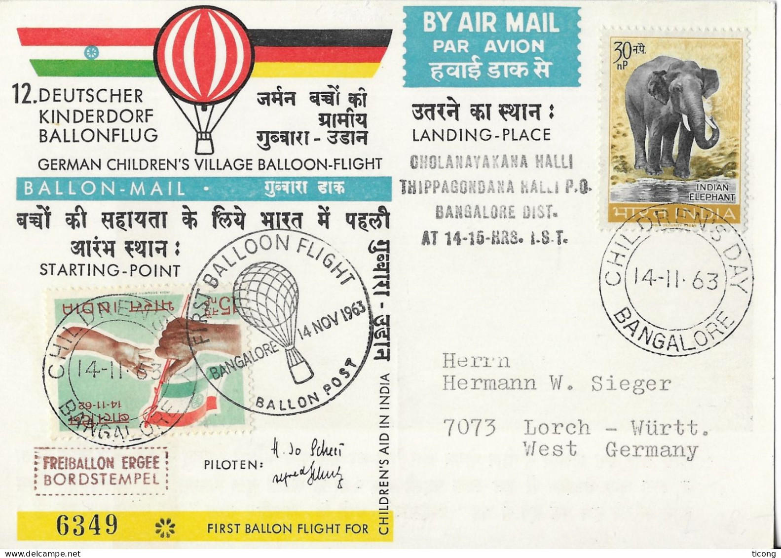 BALLON BANGALORE INDE 1963, CARTE NUMEROTEE POUR L ALLEMAGNE, VOIR LES SCANNERS - Luchtballons