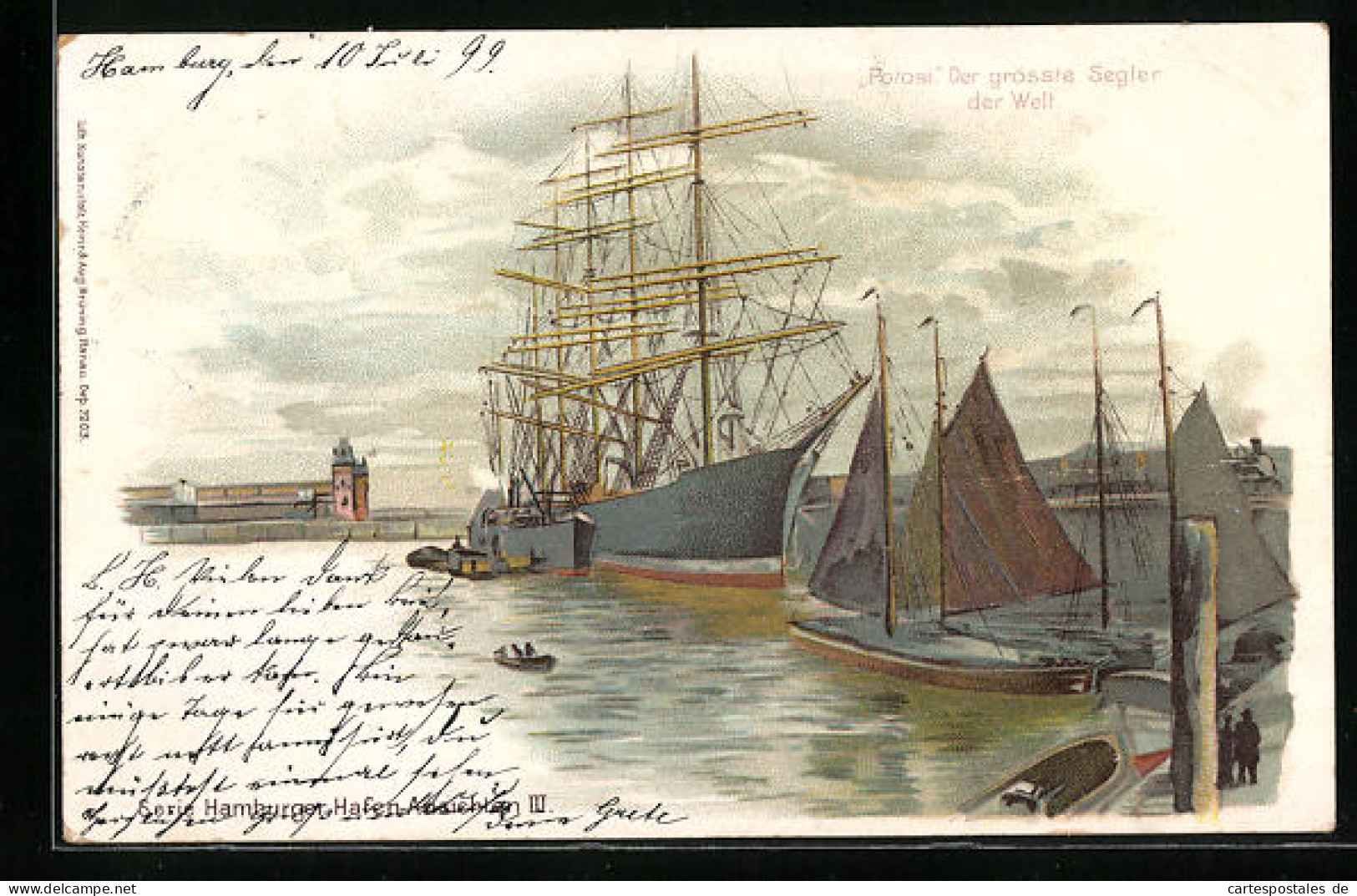 Lithographie Grösstes Segelschiff Der Welt Potosi Im Hamburger Hafen  - Velieri