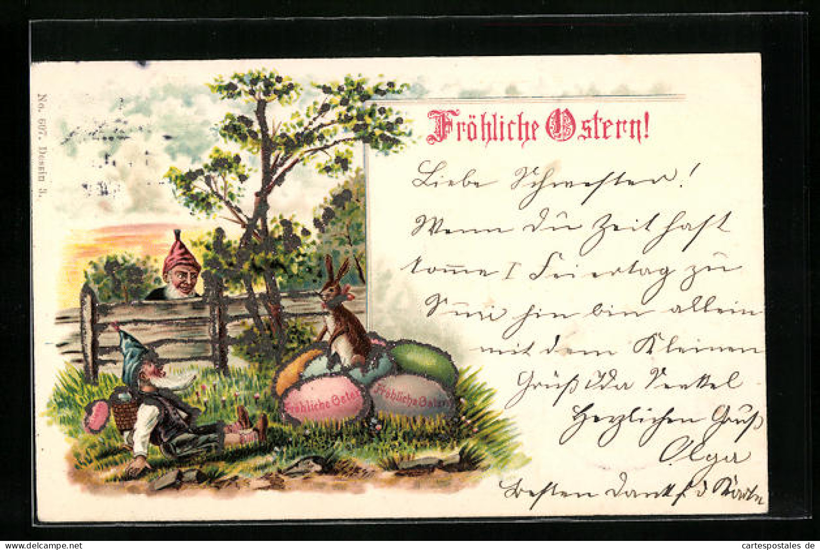 Lithographie Fröhliche Ostern, Zwerg Sitzt Auf Seinem Hosenboden Der Osterhase Auf Den Eiern  - Ostern