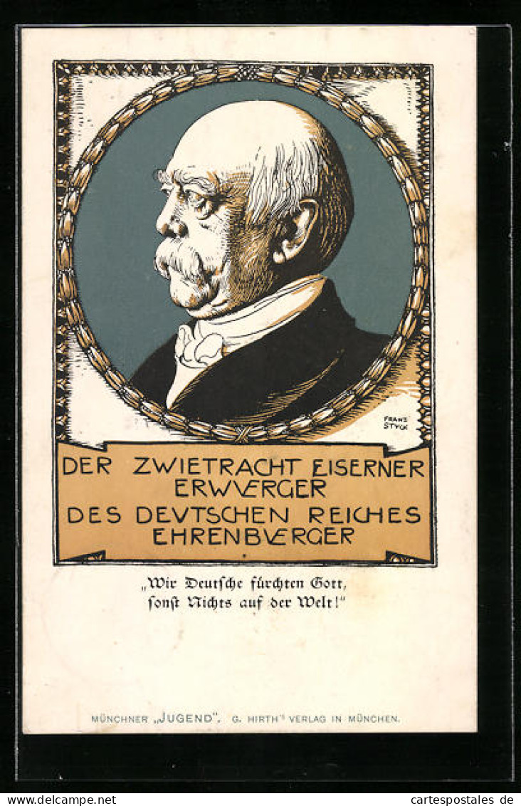 Künstler-AK Franz Stuck: Der Zwietracht Eiserner Erwuerger..., Seitenportrait Bismarck  - Historische Figuren