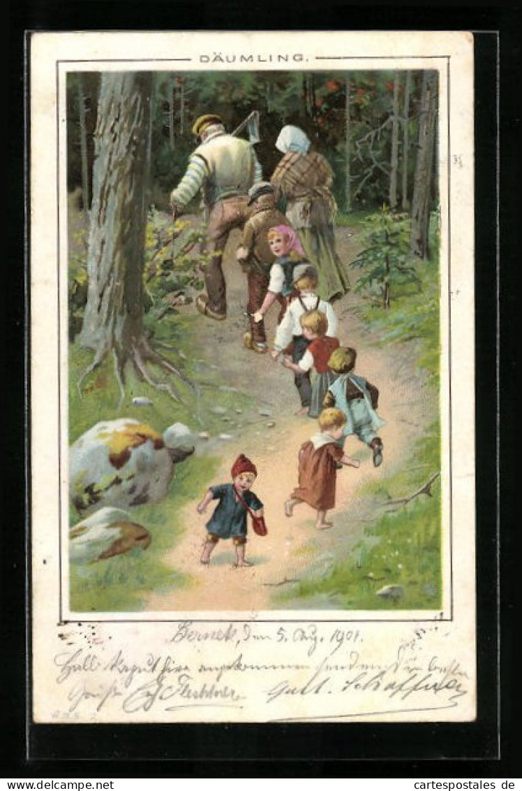 Lithographie Eltern Mit Kinderschar Und Däumling Im Wald  - Fairy Tales, Popular Stories & Legends