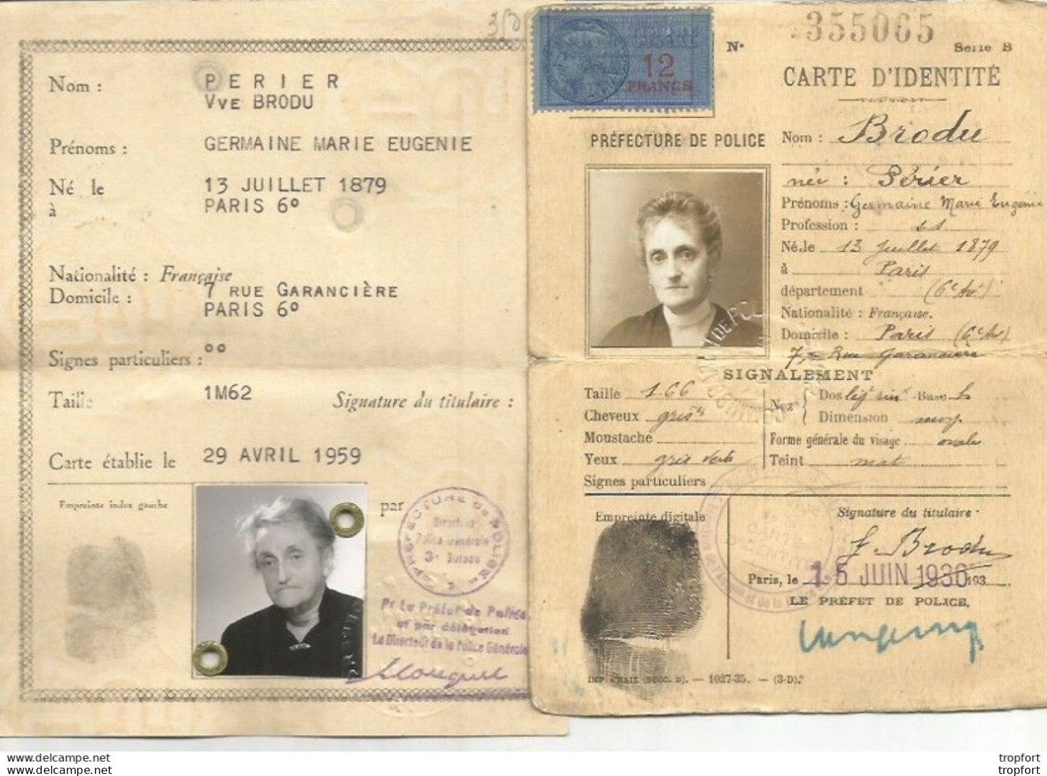 Lot De 2 CNI Carte Nationale D'identité BRODU PERIER 1936 2959 - Documentos Históricos