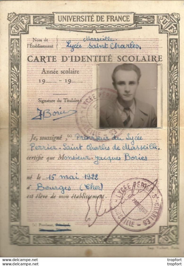 GX / Carte D'identité SCOLAIRE MARSEILLE 1922 BOURGES Lycée PERRIER SAINT-CHARLES - Historische Dokumente