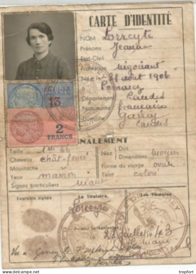 PK / CARTE Ancienne CARTE D 'IDENTITE 1943 LORREYTE  POMARCY LANDES - Historical Documents