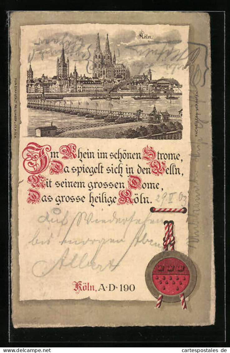 Lithographie Köln A. Rh., Totalansicht Mit Blick Zum Dom Von Der Rheinseite  - Köln