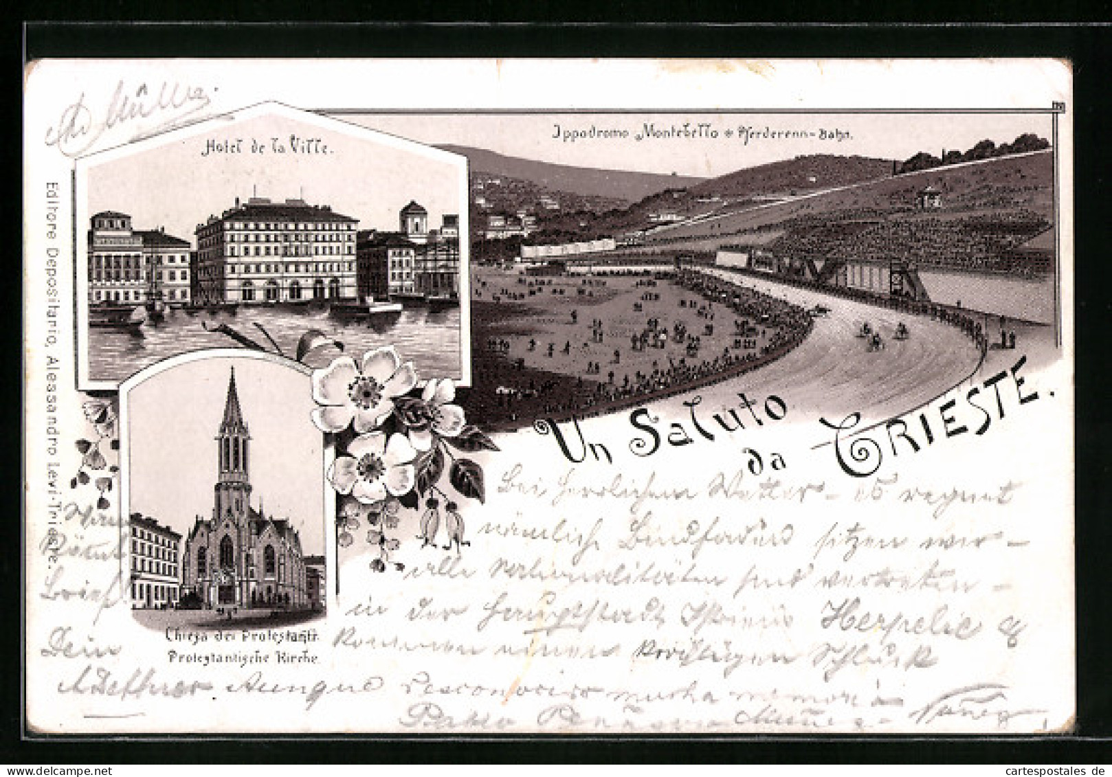 Avanti Di 1895-Lithographie Trieste, Hotel De La Ville, Pferderenn-Bahn, Protestantische Kirche 1895  - Trieste
