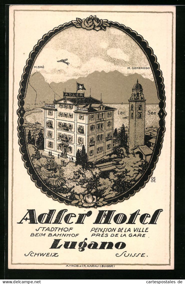 Passepartout-AK Lugano, Adler Hotel Mit Kirche Und See Aus Der Vogelschau  - Lugano