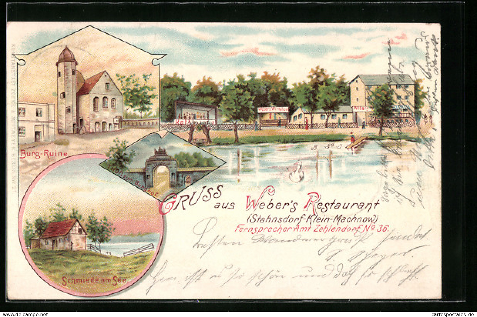 Lithographie Stahnsdorf B. Klein-Machnow, Webers Restaurant, Burgruine Und Schmiede Am See  - Stahnsdorf