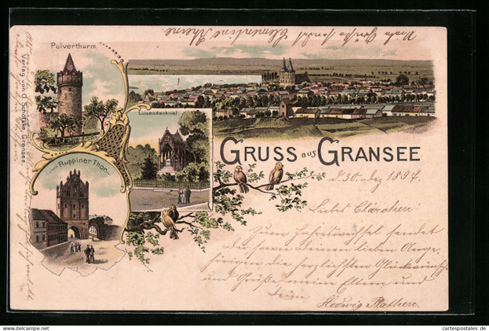 Lithographie Gransee, Pulverturm, Luisendenkmal, Strassenpartie Am Ruppiner Thor, Totalansicht  - Gransee