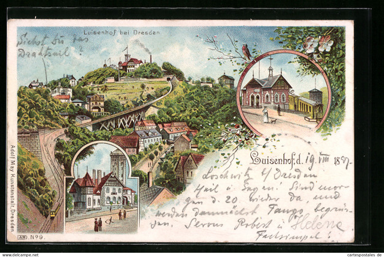 Lithographie Dresden, Gasthaus Luisenhof Mit Drahtseilbahn  - Dresden