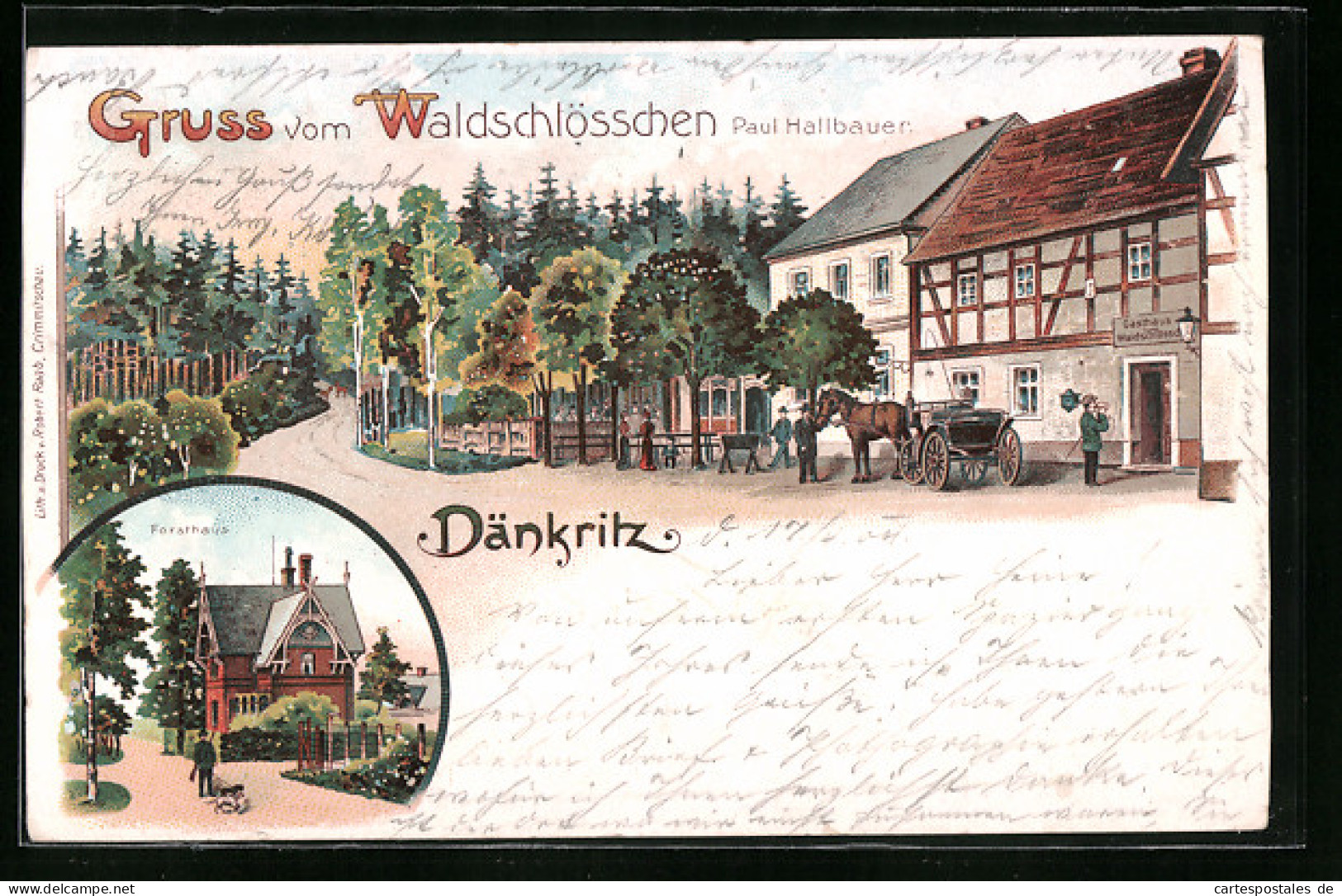 Lithographie Dänkritz, Waldschlösschen, Inh.: Paul Hallbauer, Forsthaus  - Hunting