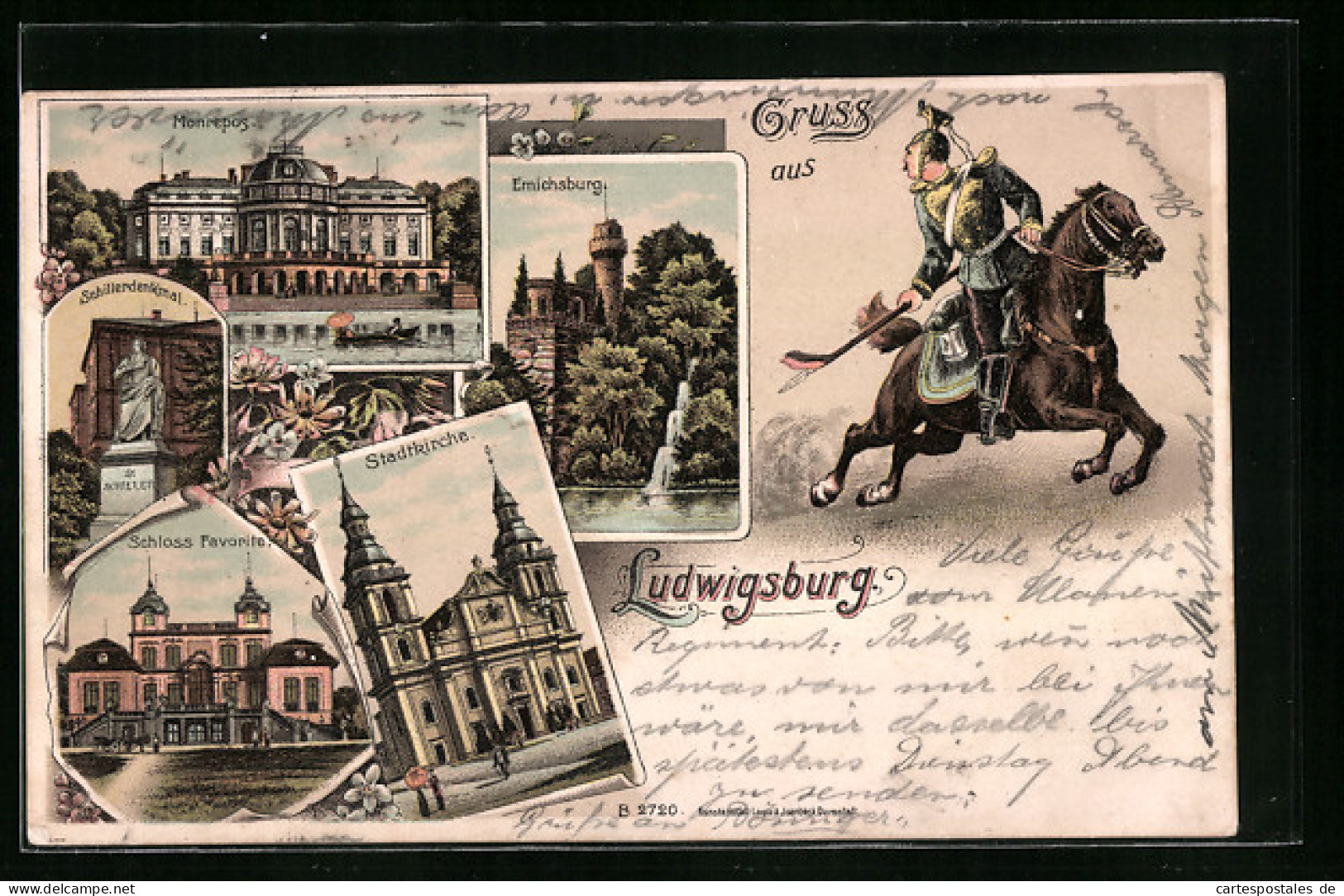 Lithographie Ludwigsburg / Württemberg, Schloss Monrepos, Emichsburg, Stadtkirche  - Ludwigsburg