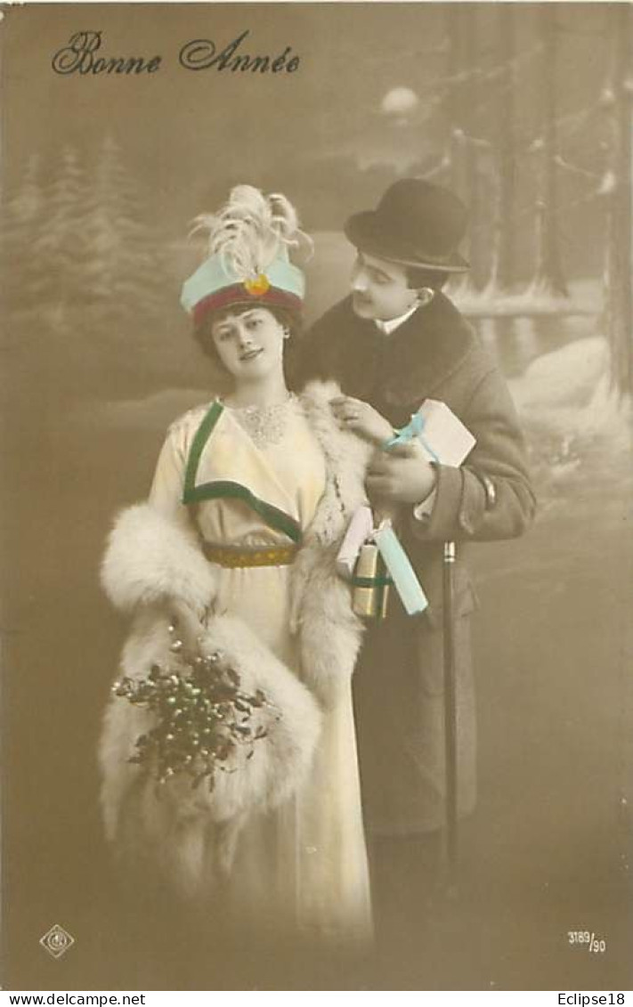 Bonne Année - Couple Femme Chapeau Plume  Q 2575 - Vrouwen