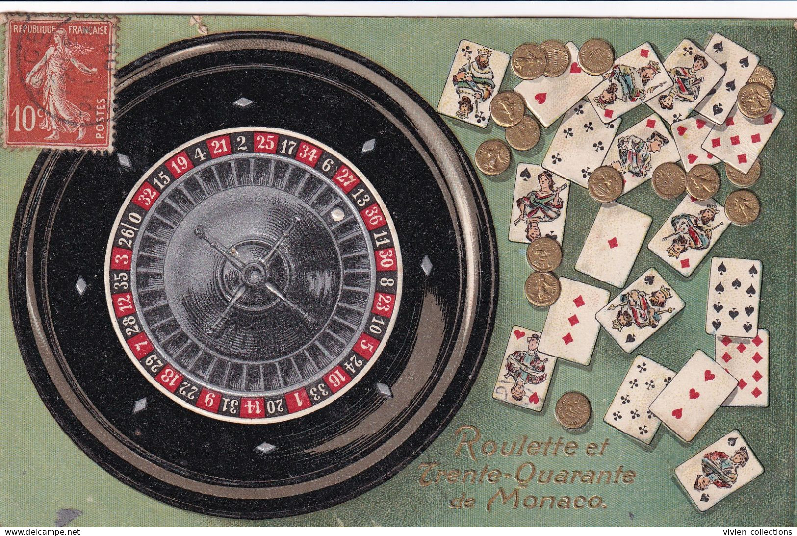 Monaco Casino Roulette Et Trente Quarante Pièces D'or Et Carte A Jouer Circulée 1908 Carte Gaufrée - Casinò