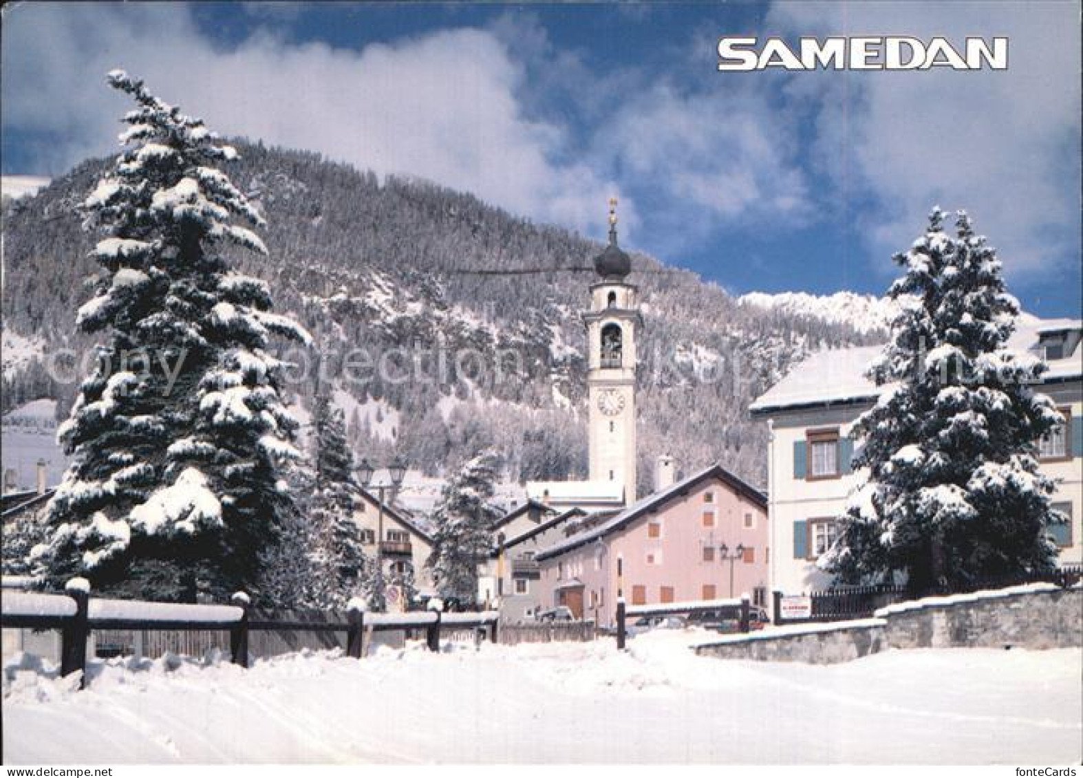 12456861 Samedan Dorfpartie Mit Kirche Samedan  - Autres & Non Classés