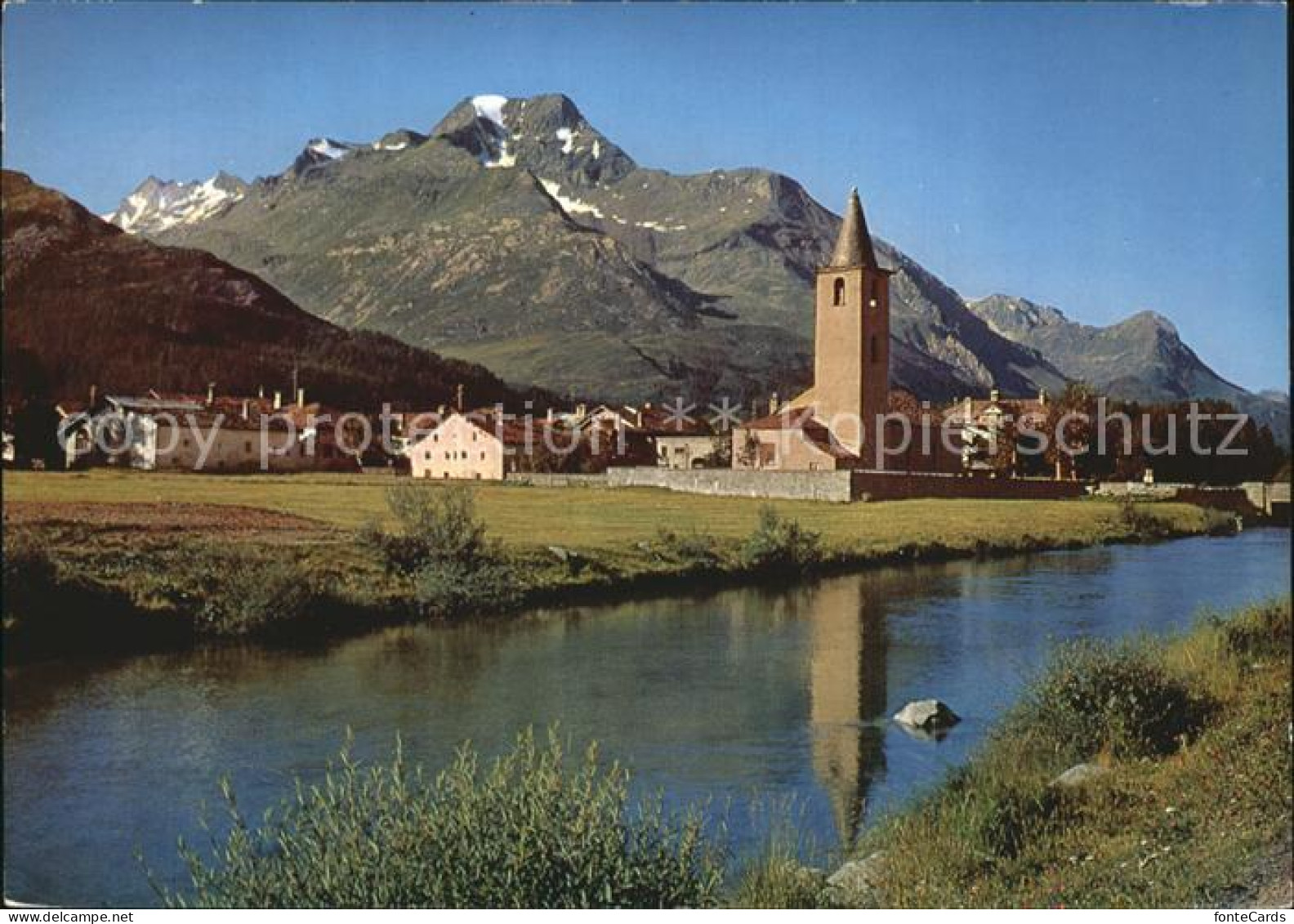 12456198 Sils Baselgia Mit Kirche Und Piz La Margna Sils/Segl Baselgia - Sonstige & Ohne Zuordnung