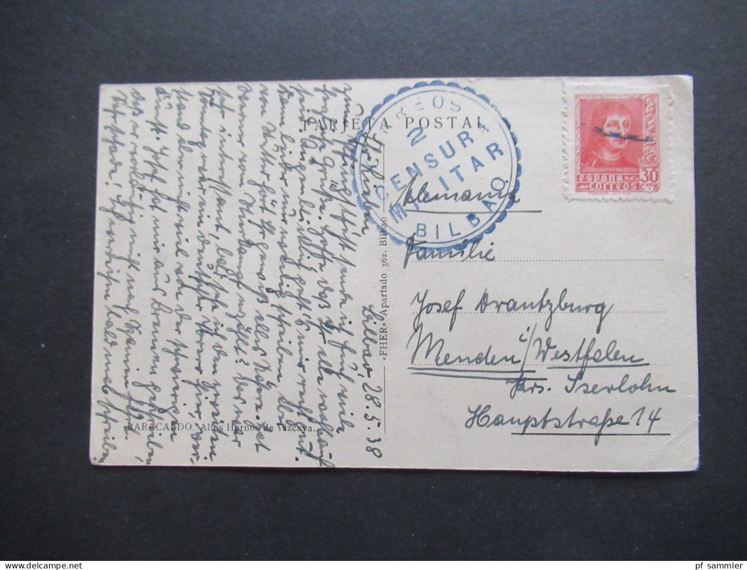 Spanien Bürgerkrieg 1938 PK Baracaldo Altos Hornos Vizcava / Hafen / Zensurstempel Correos Censura Militar Bilbao - Storia Postale