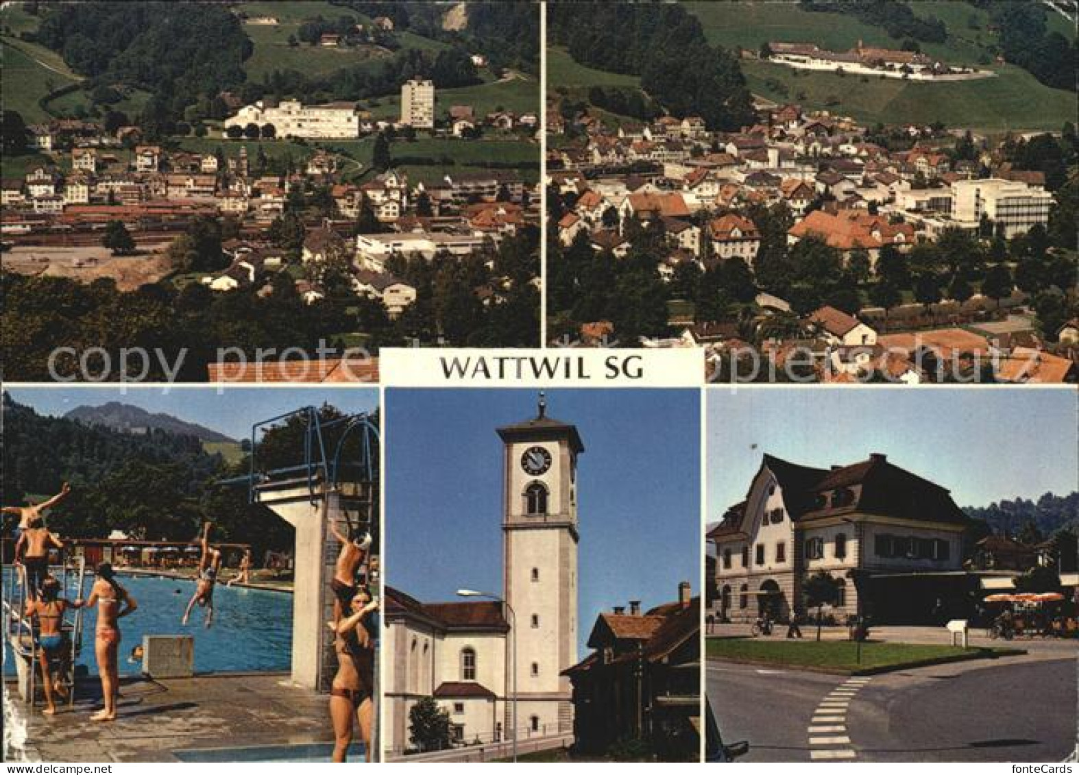 12456094 Wattwil Stadtblick Schwimmbad Kirche Strassenpartie Wattwil - Autres & Non Classés