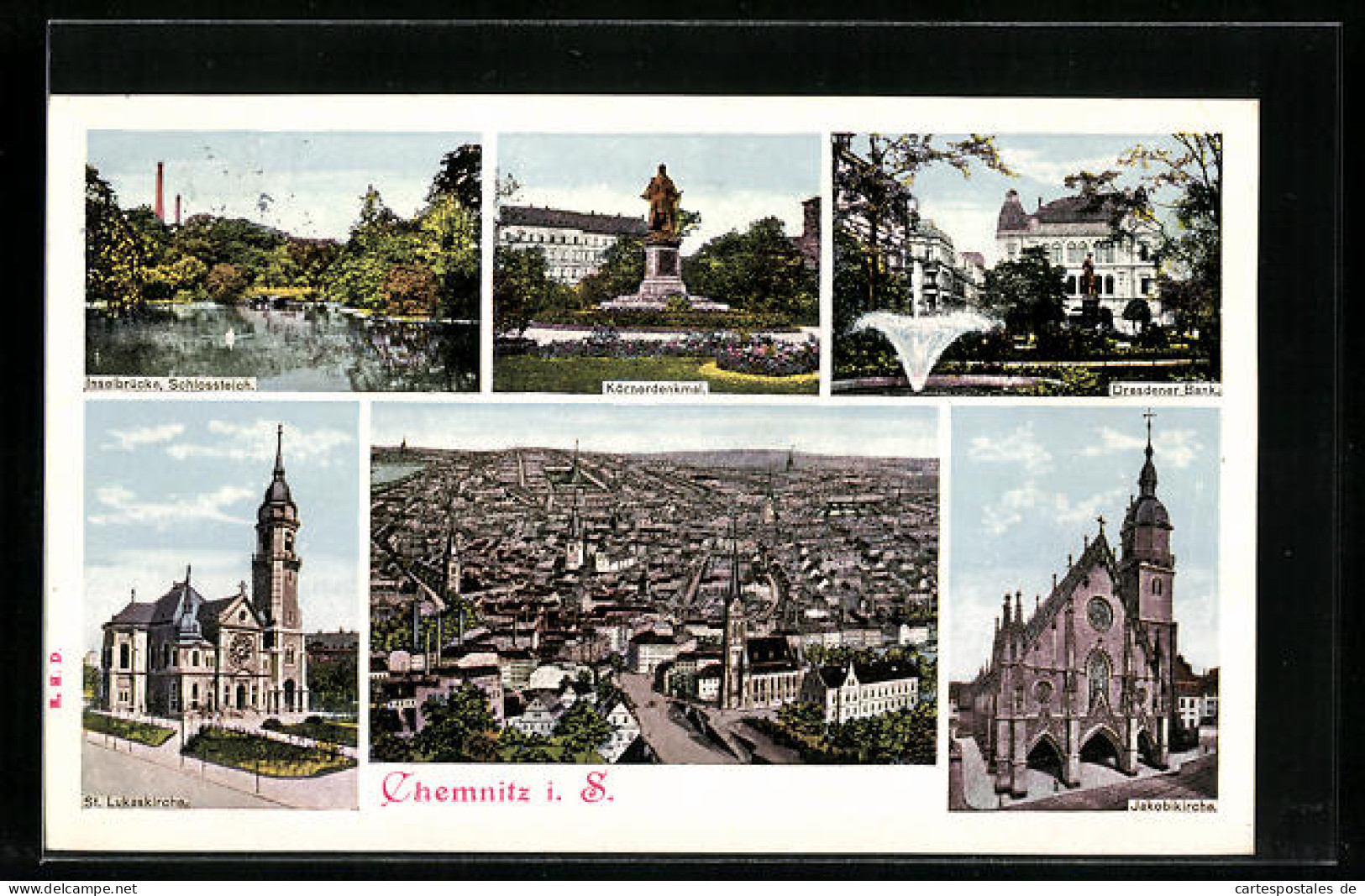 AK Chemnitz, Ortsansicht, Inselbrücke, Schlossteich, Körnerdenkmal, Dresdner Bank, St. Lukaskirche, Jakobikirche  - Chemnitz