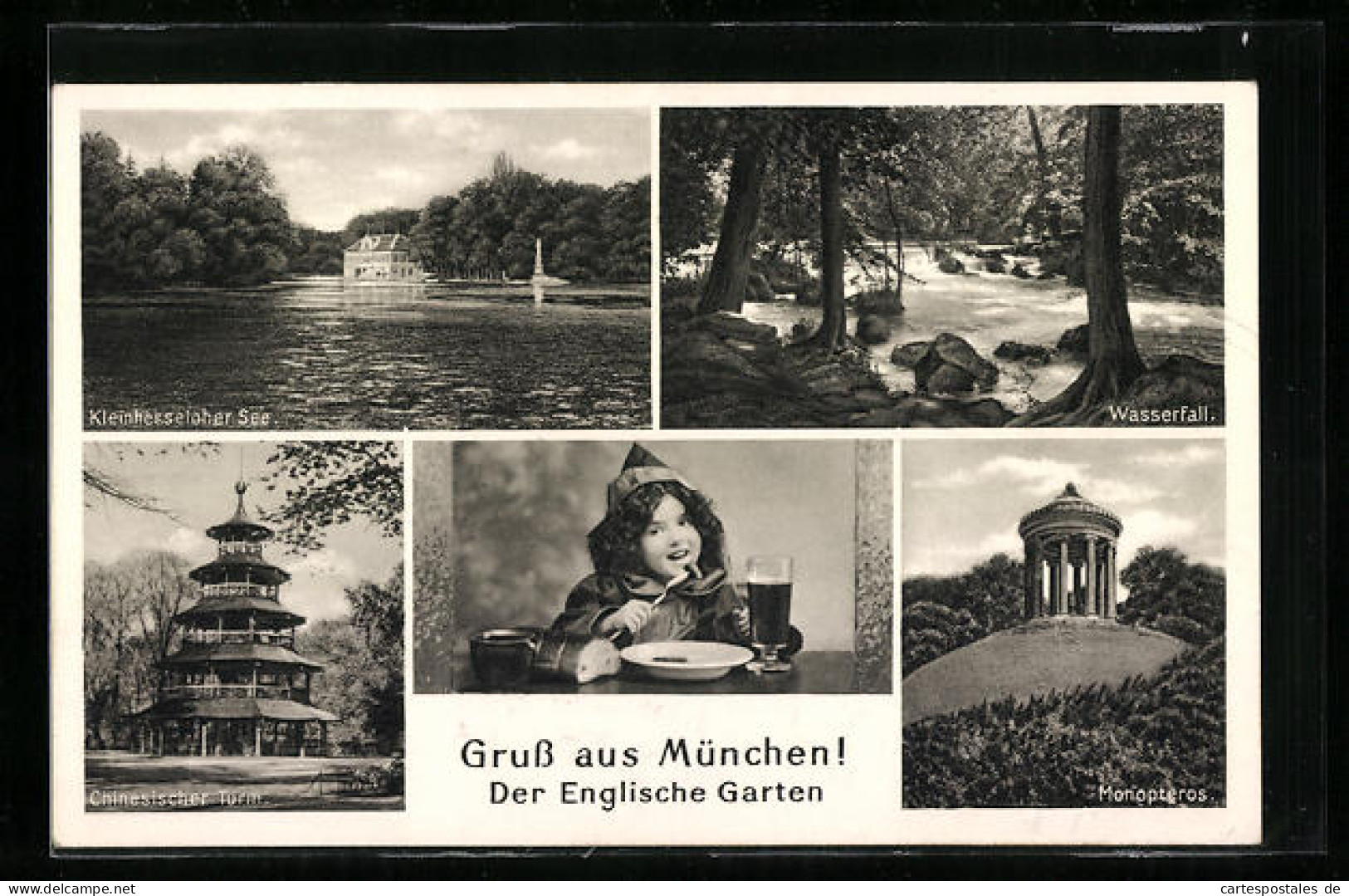 AK München, Englischer Garten, Wasserfall, Monopteros, Chinesischer Turm, Kleinhesseloher See, Münchner Kindl  - Muenchen