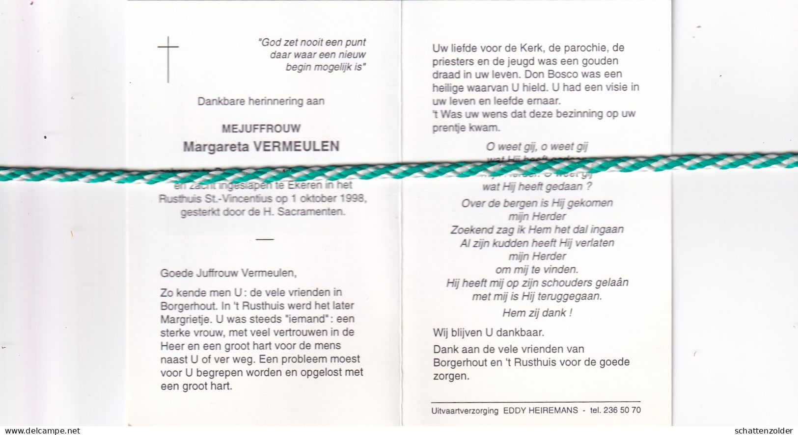 Margareta Vermeulen, Borgerhout 1898, Ekeren 1998. Honderdjarige - Esquela