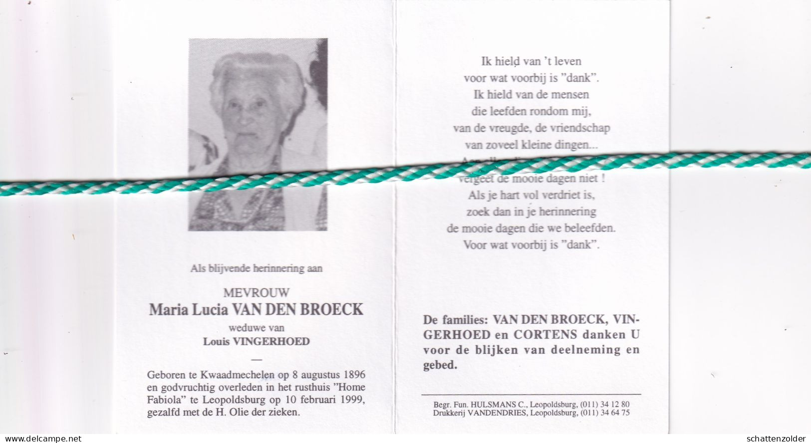 Maria Lucia Van Den Broeck-Vingerhoed, Kwaadmechelen 1896, Leopoldsburg 1999. Honderdjarige. Foto - Todesanzeige