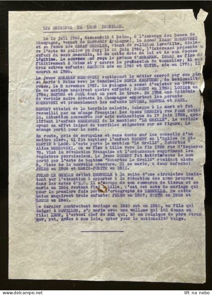 Tract Presse Clandestine Résistance Belge WWII WW2 'Les Origines De Leon Degrelle' - Documenten