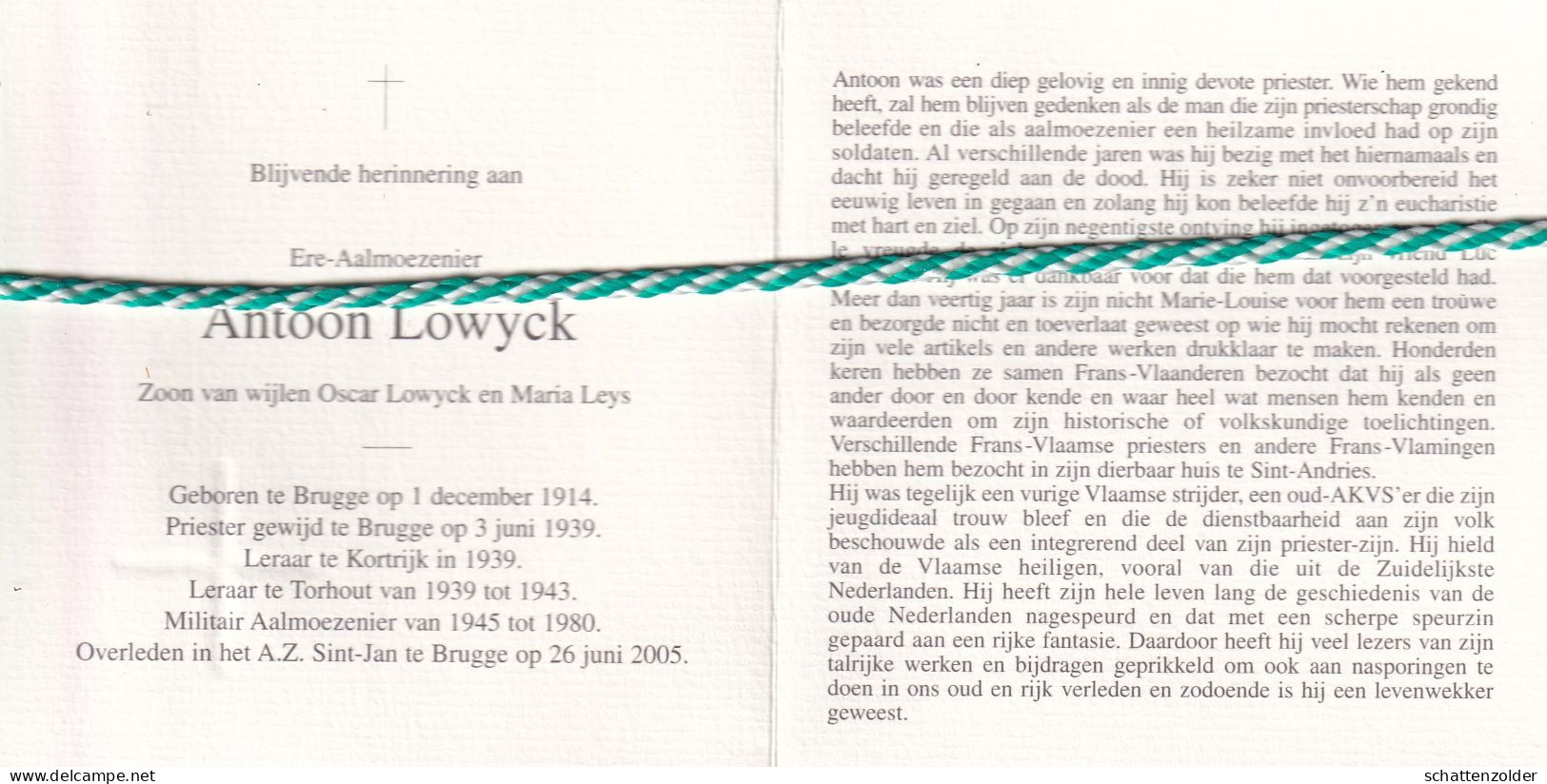 Ere Aalmoezenier Antoon Lowyck, Brugge 1914, Brugge 2005. Kortrijk,Torhout, Militair Aalmoezenier 45-80. - Obituary Notices