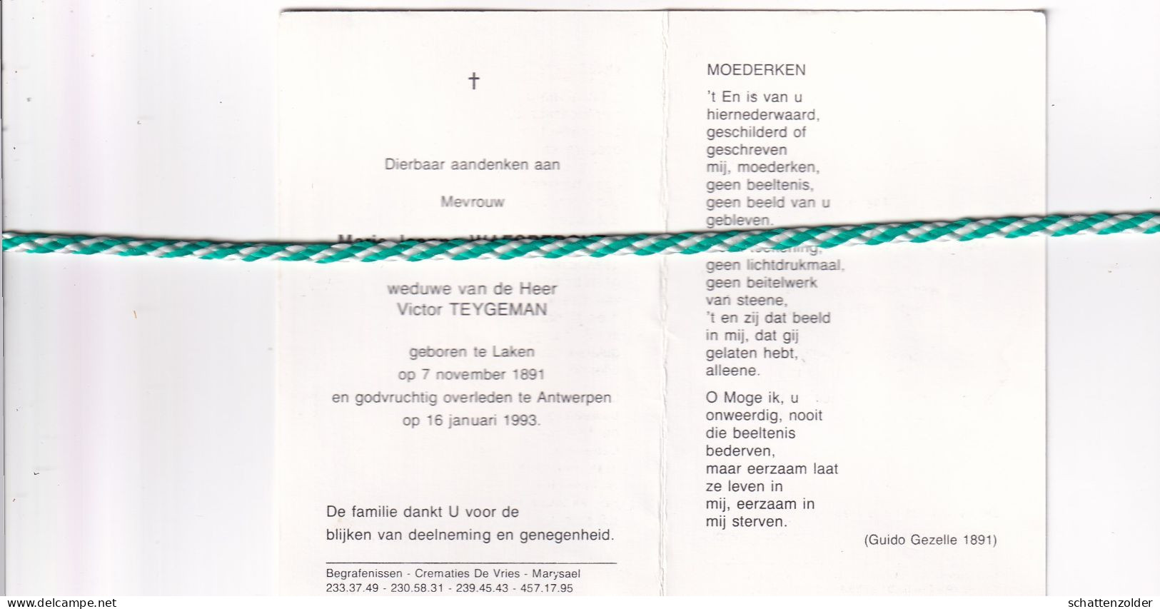 Marie-Jeanne Waesberghe-Teygeman, Laken 1891, Antwerpen 1993. Honderdjarige - Todesanzeige