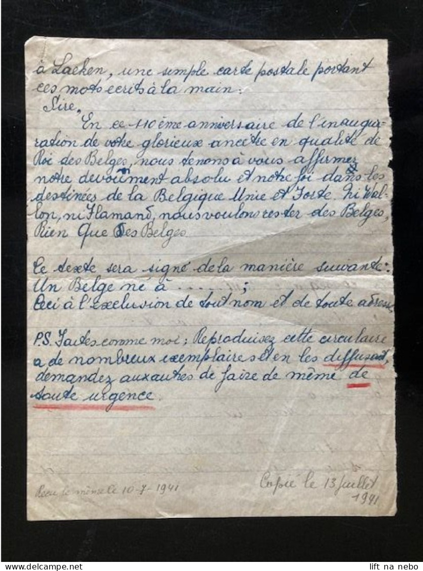 Tract Presse Clandestine Résistance Belge WWII WW2 'Belgique D'abord' (handwritten On Both Sides Of The Sheet) - Documentos