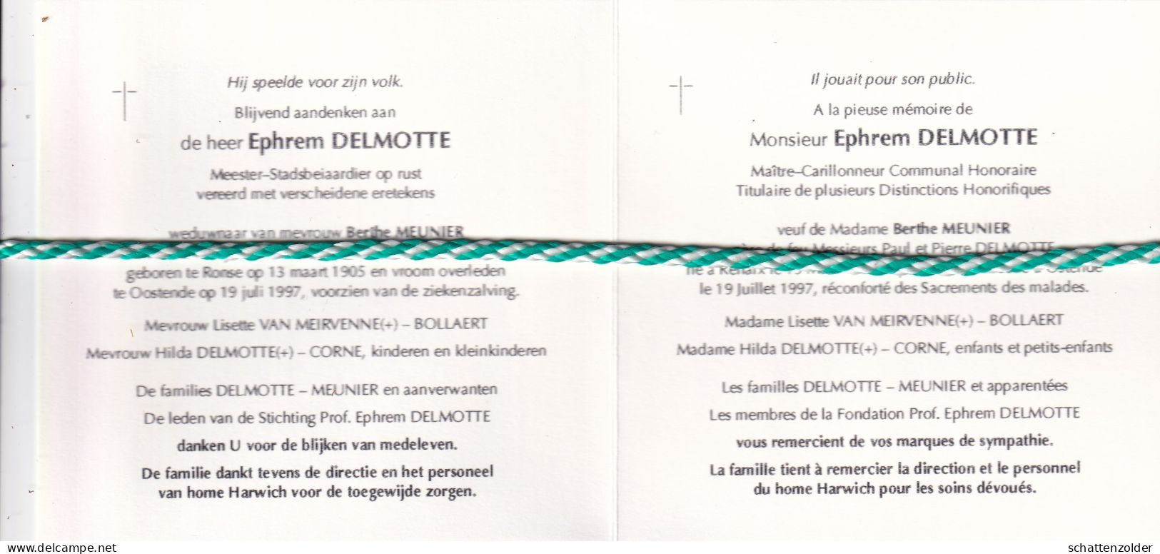 Ephrem Delmotte-Meunier, Ronse 1905, Oostende 1997. Meester Stadsbeiaardier O.r. Foto - Obituary Notices