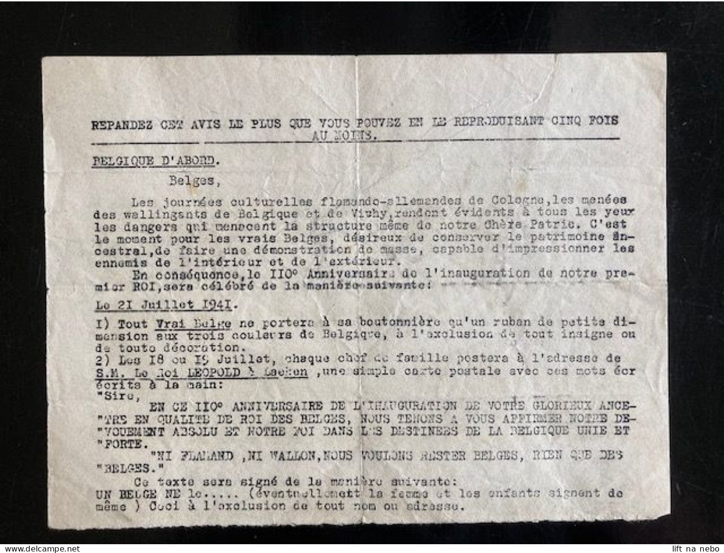 Tract Presse Clandestine Résistance Belge WWII WW2 'Belgique D'abord' (printed On Both Sides Of The Sheet) - Documenti