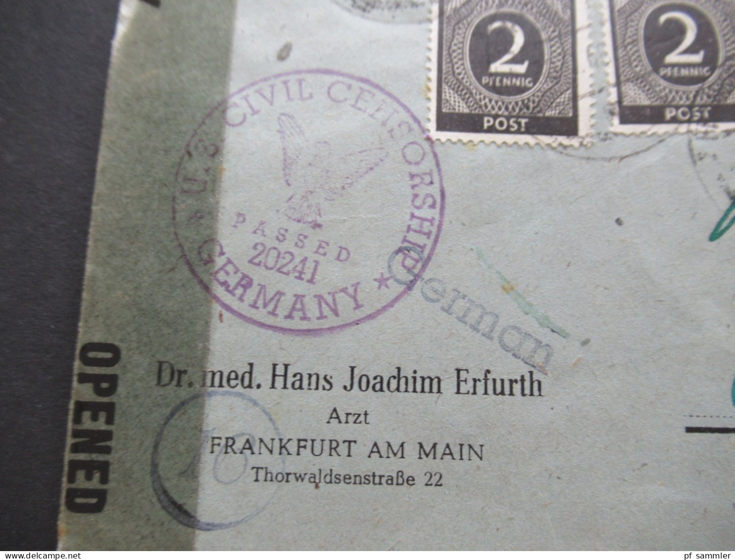 30.8.1946 Kontrollrat Ziffer Nr.912 (12) MeF Zensurbeleg Stempel Civil Censorship Und Zensurstreifen Opened By Mil. Cen. - Covers & Documents