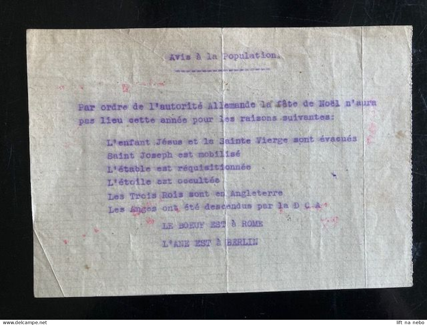 Tract Presse Clandestine Résistance Belge WWII WW2 'Avis à La Population' Par Ordre De L'autorité Allemande La Fête De.. - Documenti