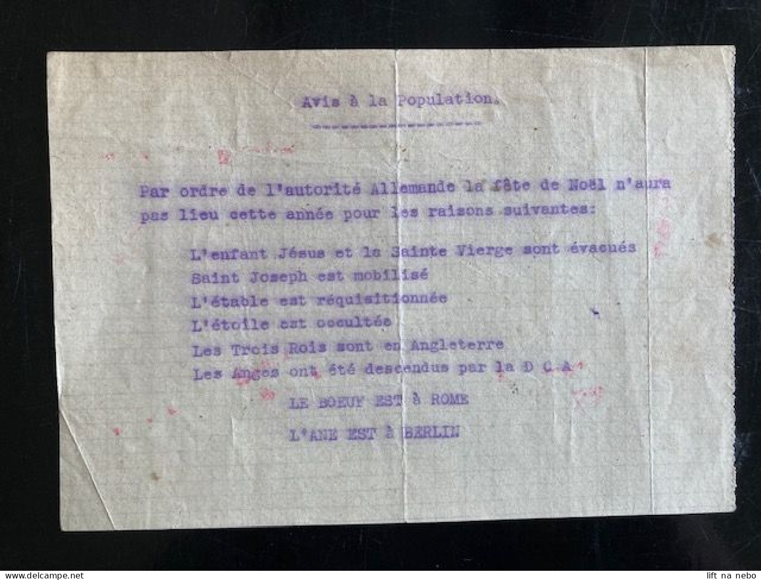 Tract Presse Clandestine Résistance Belge WWII WW2 'Avis à La Population' Par Ordre De L'autorité Allemande La Fête De.. - Documenten