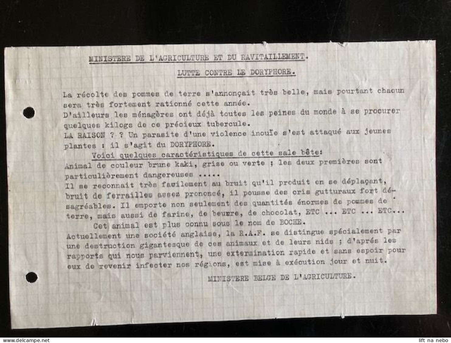 Tract Presse Clandestine Résistance Belge WWII WW2 'Lutte Contre Le Doryphore' La Récolte Des Pommes De Terre... - Documentos