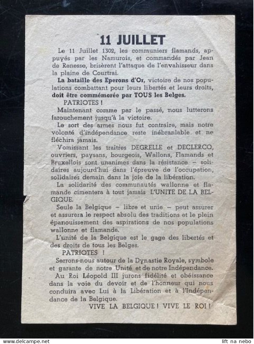 Tract Presse Clandestine Résistance Belge WWII WW2 '11 JUILLET' Printed On Both Sides Of The Sheet - Documents