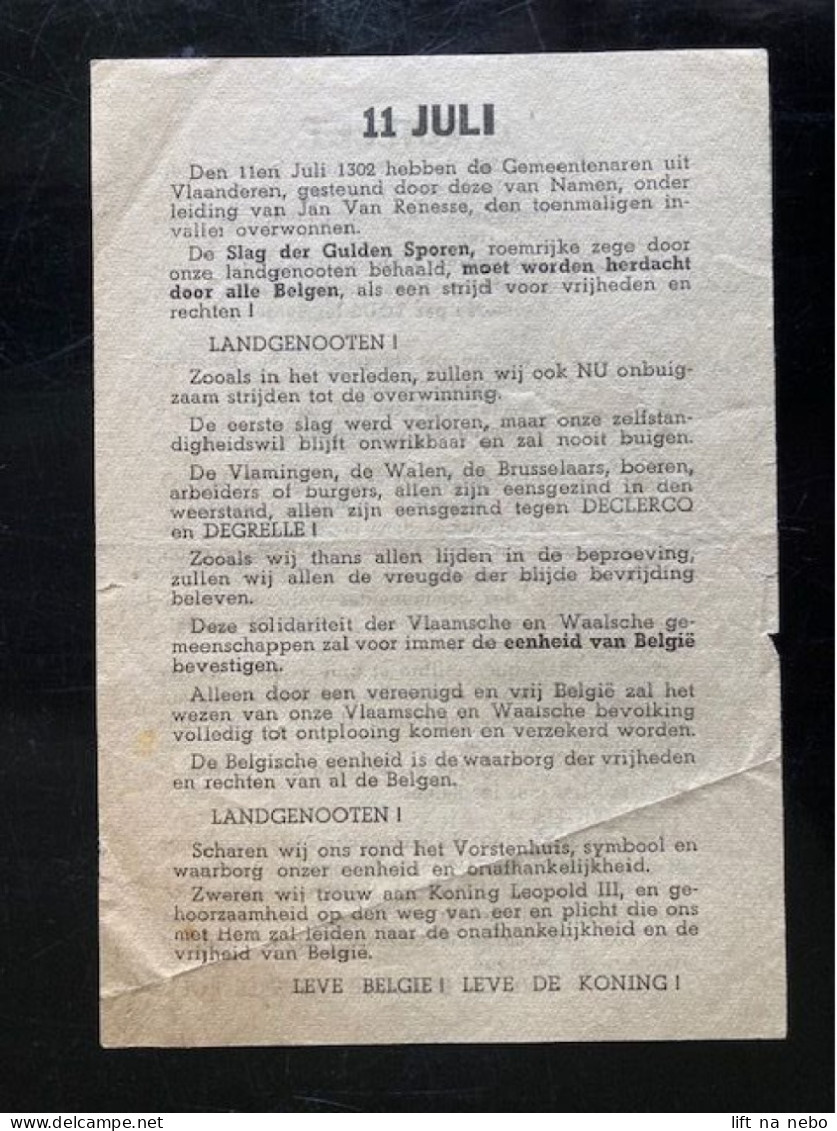 Tract Presse Clandestine Résistance Belge WWII WW2 '11 JUILLET' Printed On Both Sides Of The Sheet - Documenti