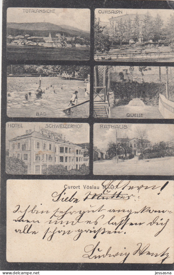 AK - (NÖ) Curort VÖSLAU - Hotel Schweizerhof - Rathaus - Bad - Quelle 1905 - Baden Bei Wien