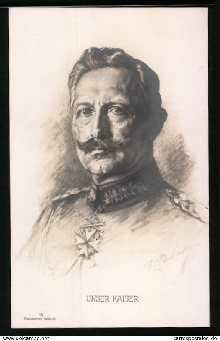 Künstler-AK Unser Kaiser Wilhelm II. In Uniform Mit Ernsten Blick  - Familles Royales