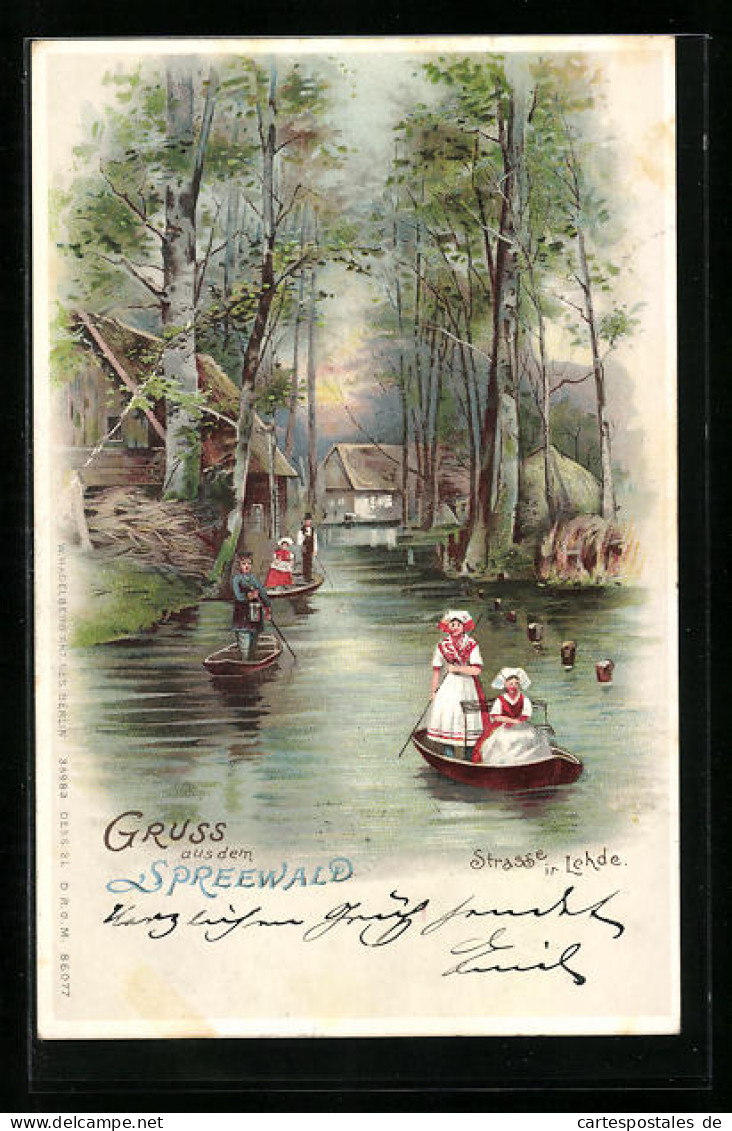 Lithographie Lehde /Spreewald, Wasserstrasse Mit Booten Und Gebäuden  - Sonstige & Ohne Zuordnung