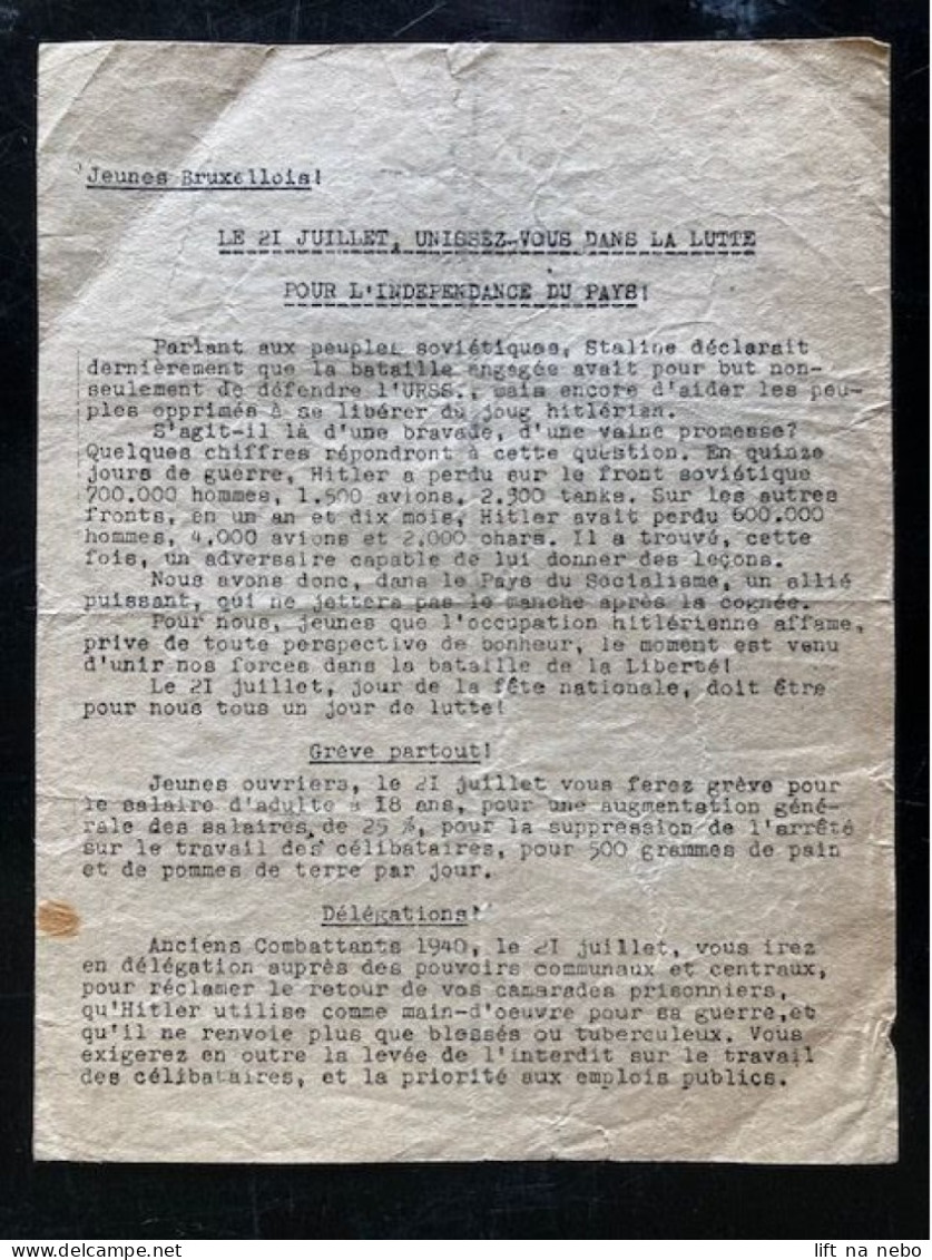 Tract Presse Clandestine Résistance Belge WWII WW2 'Jeunes Bruxellois!' Printed On Both Sides Of The Sheet - Documenten